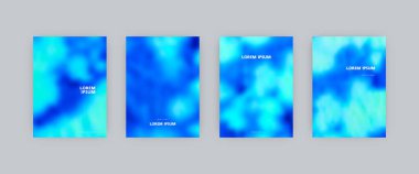 Vektör poster şablonları kümesi. Mavi sıçrayan el boyalı kravat boyalı arka plan bulanık. Broşürler, posterler ve pankartlar için.