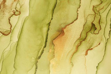 Çapraz çizgili soyut el boyalı alkol mürekkebi dokusu. Yeşil ve altın rengi. Tasarımınız için yaratıcı arkaplan