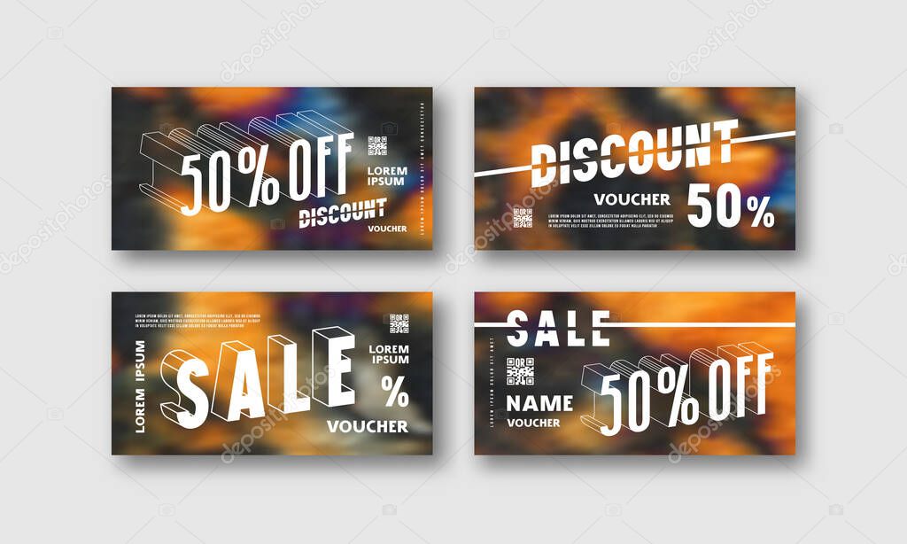Stock vector set of discount voucher template. Printed on color hand painted psychedelic tie dye blurred background