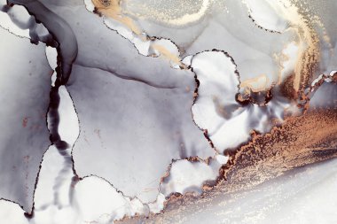 Soyut el boyası alkol mürekkebi dokusu. Siyah, beyaz ve altın rengi. Mermer taklidi. Tasarımınız için yaratıcı arkaplan