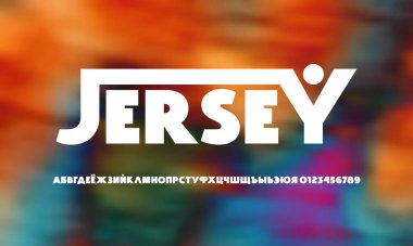 Klasik tarzda son derece cesur serif yazı tipi yok. Başlık ve amblem tasarımı için Kiril alfabesi harfleri ve numaralar. Bulanık arkaplanda beyaz baskı