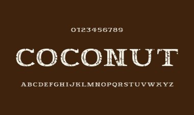 İç hatları olan dekoratif serif yazı tipi. Logo ve etiket tasarımı için kaba desenli harfler ve numaralar. Kahverengi arkaplanda izole