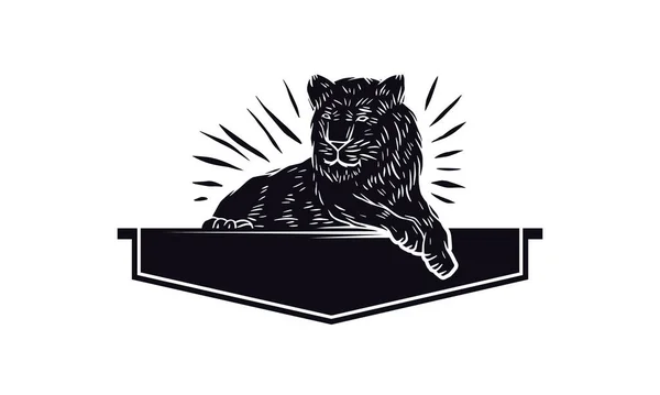 Lying Lion Drawn Style Handmade Graphic Design Emblem Label Black — Stock Vector