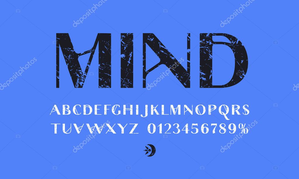 Decorative sans serif font in spiritualism style. Letters and numbers with vintage texture for logo and headline design