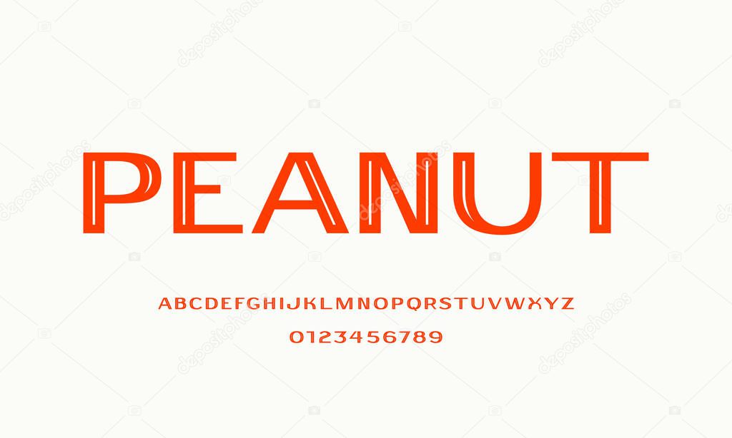 Decorative sans serif font with inner contour. Letters and numbers for logo and label design. Isolated on white background