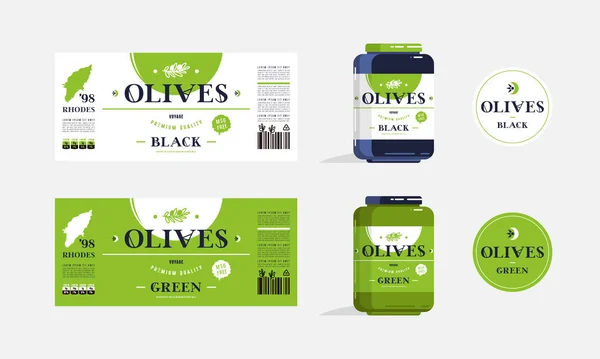 绿色和黑色橄榄包装的标签设计 在罐子上列出模板和演示文稿 — 图库矢量图片