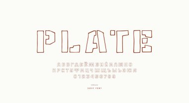 İçi boş kalıplı yazı tipi olmayan el yazısı grafikleri. Kiril alfabesi harfleri ve logo ve etiket tasarımı için numaralar. Vektör illüstrasyonu