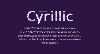 Genişletilmiş Kiril alfabesiz harfler klasik modern moda logosu ve manşet tasarımı için yazı tipi. Desenli tipografi seti. Vektör illüstrasyonu