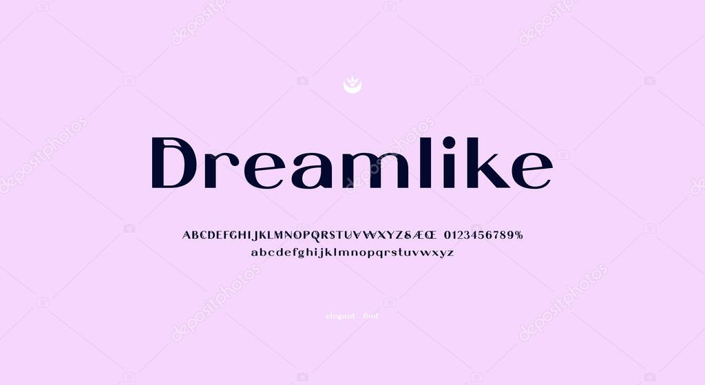 Decorative sans serif font in mysterious style. Letters and numbers for logo and headline design. Vector illustration