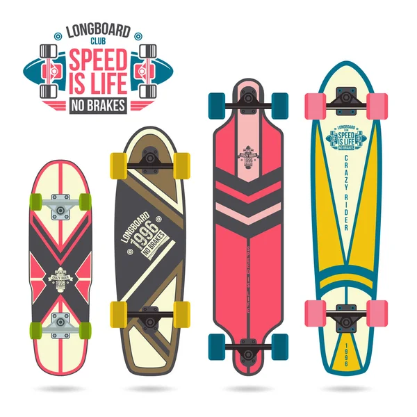 Conjunto de impresiones en longboard — Vector de stock