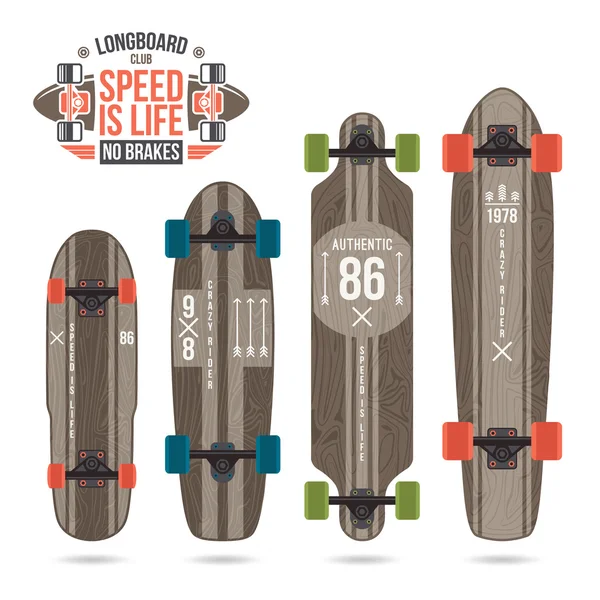 Conjunto de impresiones en longboard — Vector de stock