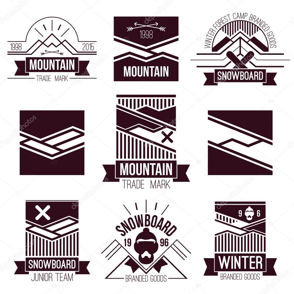 Snowboard and mountains emblems 