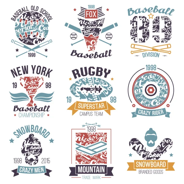 Baseball, rugby, snowboard, skateboard emblèmes sportifs collégiaux — Image vectorielle