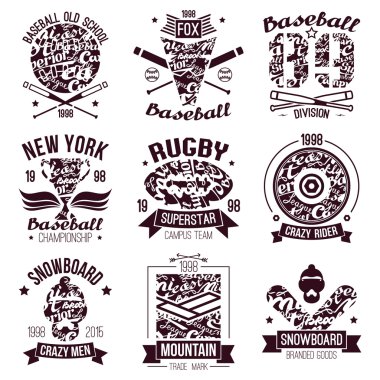 Beyzbol, rugby, snowboard, kaykay kolej spor Amblemler 