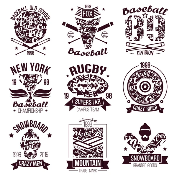 Baseball, rugby, snowboard, skateboard college sport emblems — Stock Vector