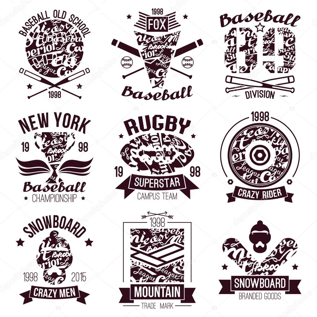 Baseball, rugby, snowboard, skateboard college sport emblems 