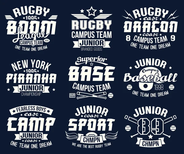 Baseball and rugby college team sport emblems — Stock Vector