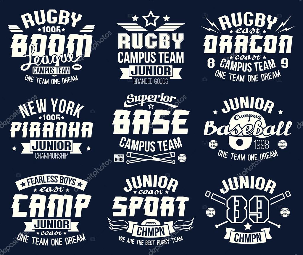 Baseball and rugby college team sport emblems . Graphic design for t-shirt. White  print on a  dark background
