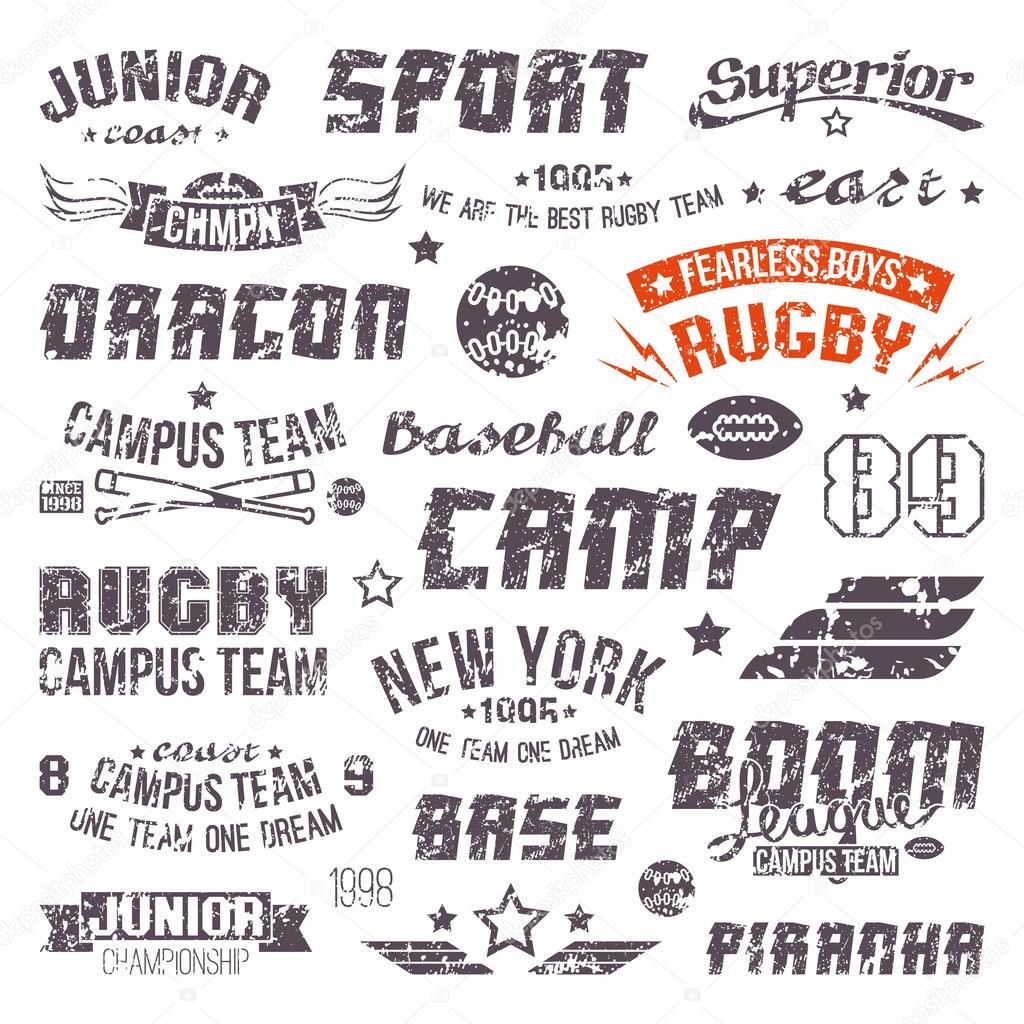 Badges baseball and rugby college team in retro style. Graphic design elements print for t-shirt with shabby texture