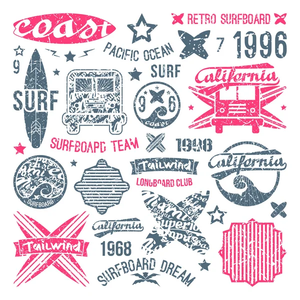 Emblema de surf y elementos de diseño — Archivo Imágenes Vectoriales