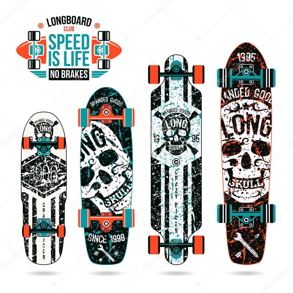 Set of skull prints on longboard
