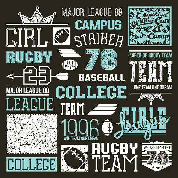 Rugby et éléments de conception de l'équipe du collège de baseball — Image vectorielle