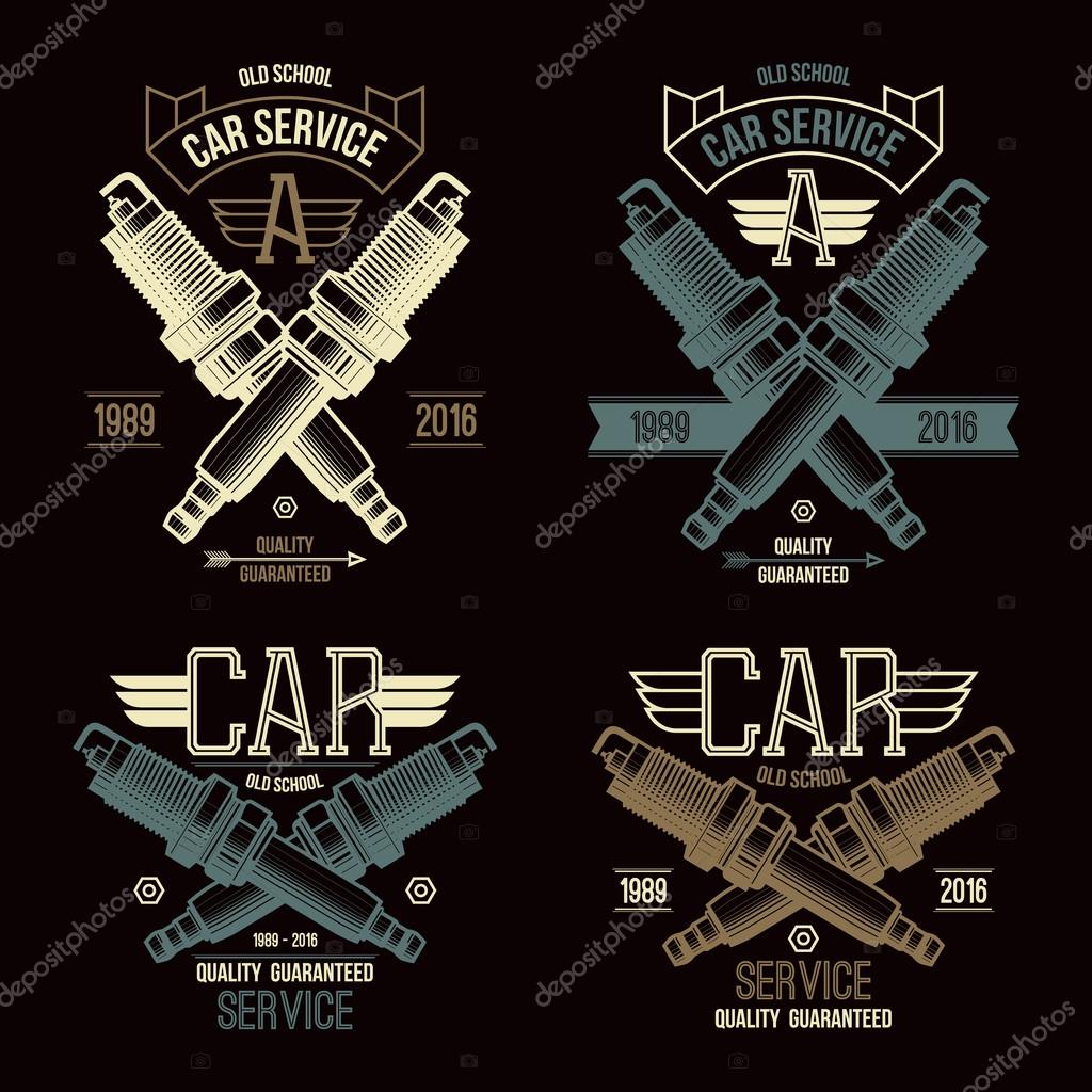 Car service spark-plug emblems in retro style. Graphic design for t-shirt. Color print on a black background