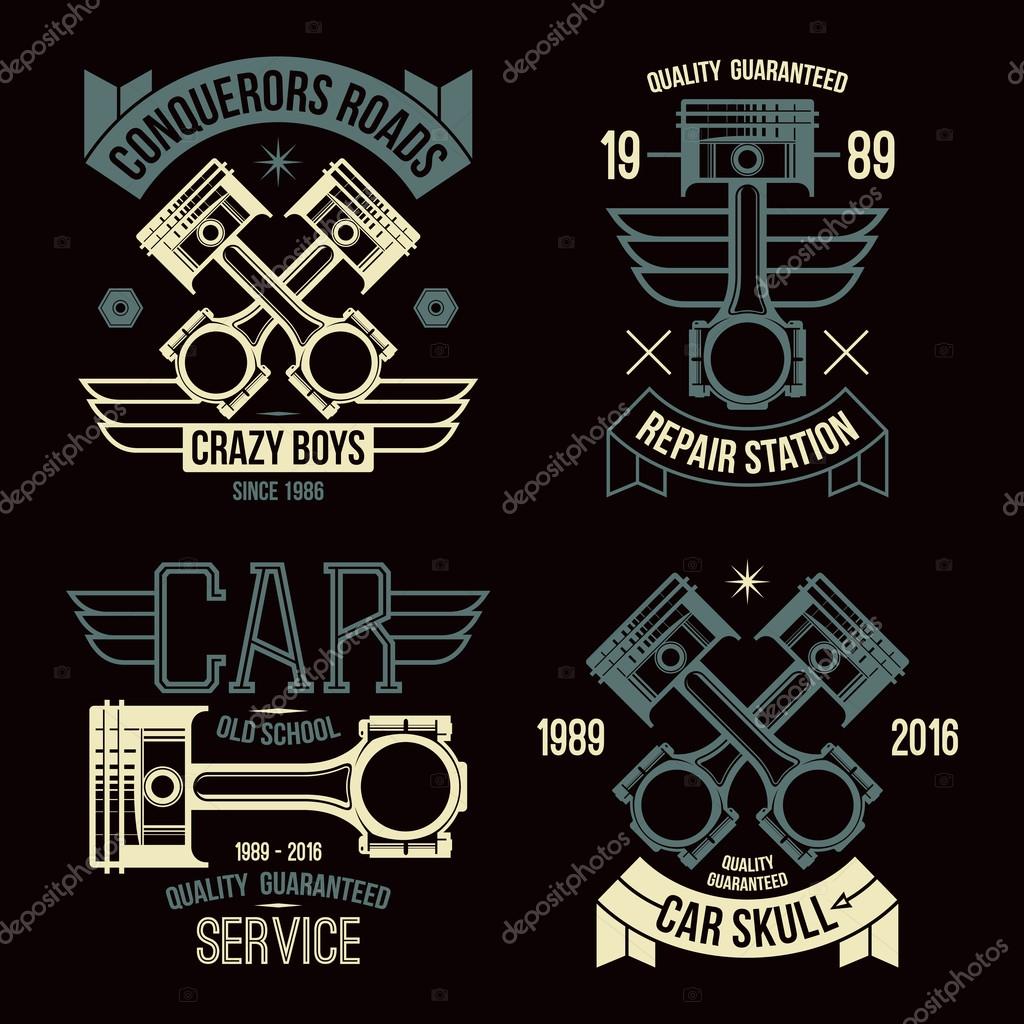 Car engine piston emblems. Color print on a black background