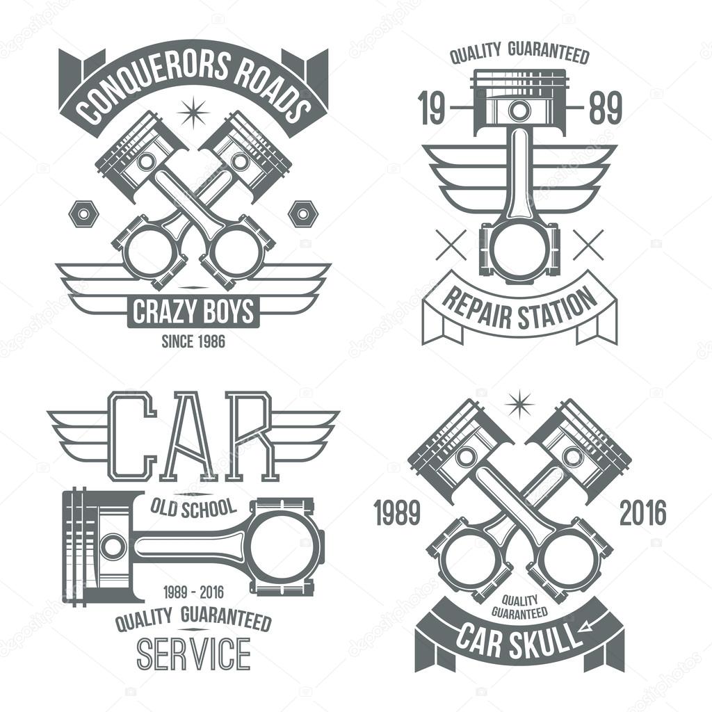 Car engine piston emblems. Grey print on a white background