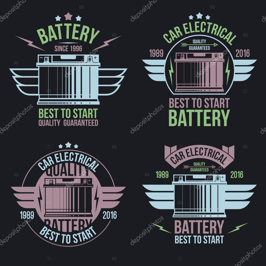 Car battery shop  emblems. Color print on a black background