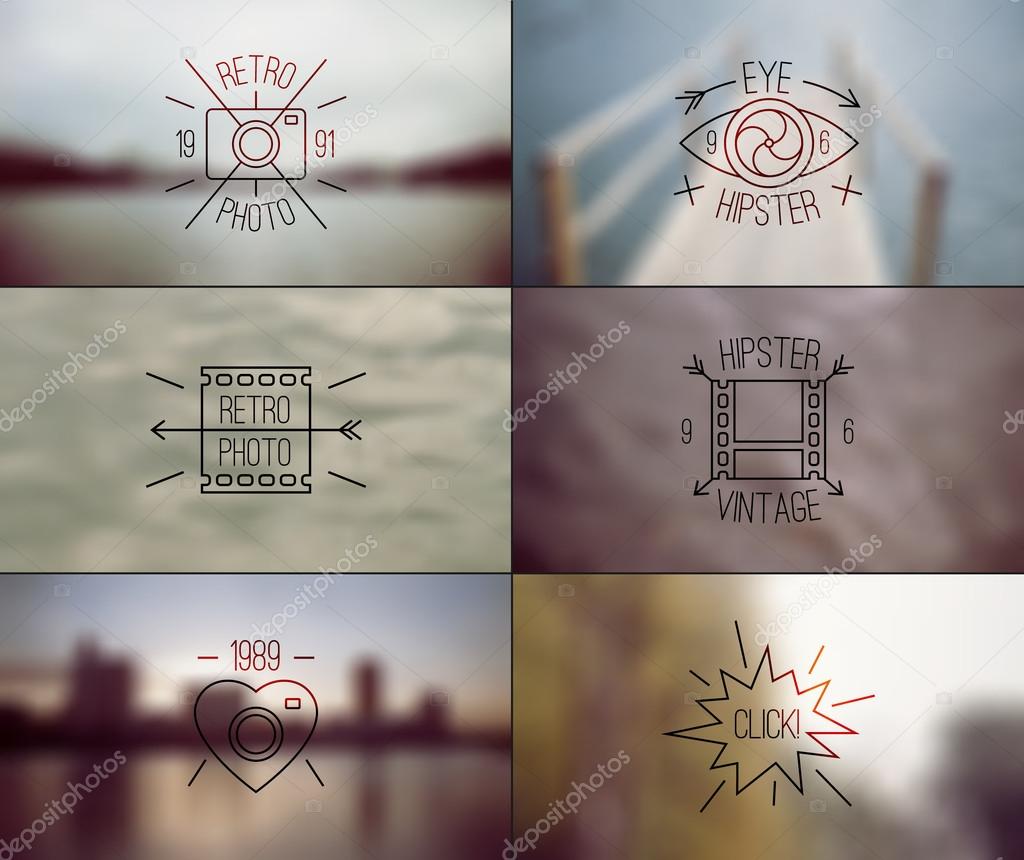 Trendy hipster badges in thin line style and retro blurred backgrounds