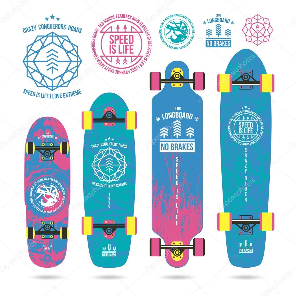 Set of outline emblems on longboard