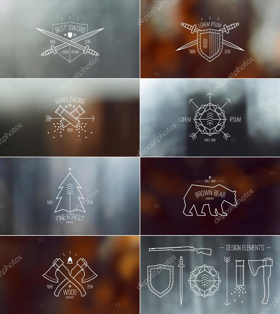 Trendy badges in thin line style on a  blurred backgrounds.