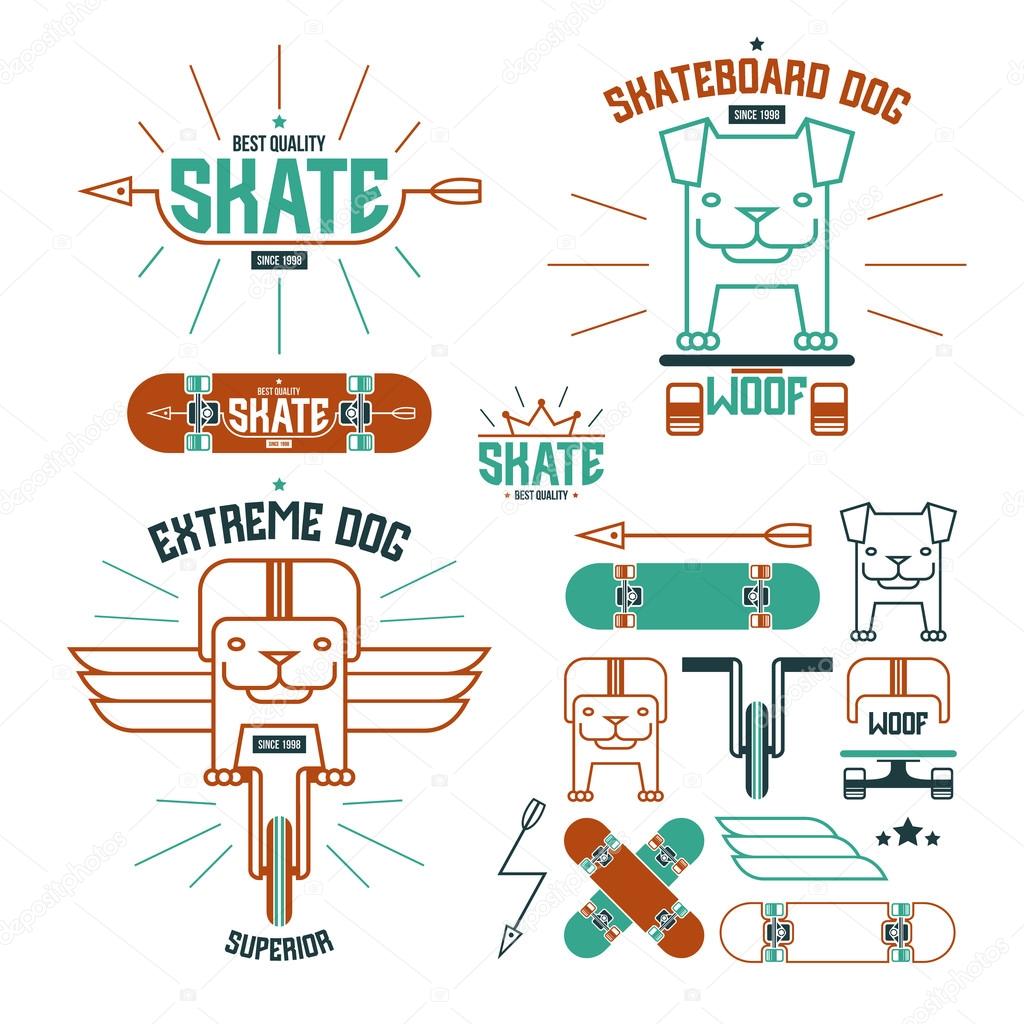 Skateboard dog emblems and icons. Graphic design for t-shirt. Color print on white background