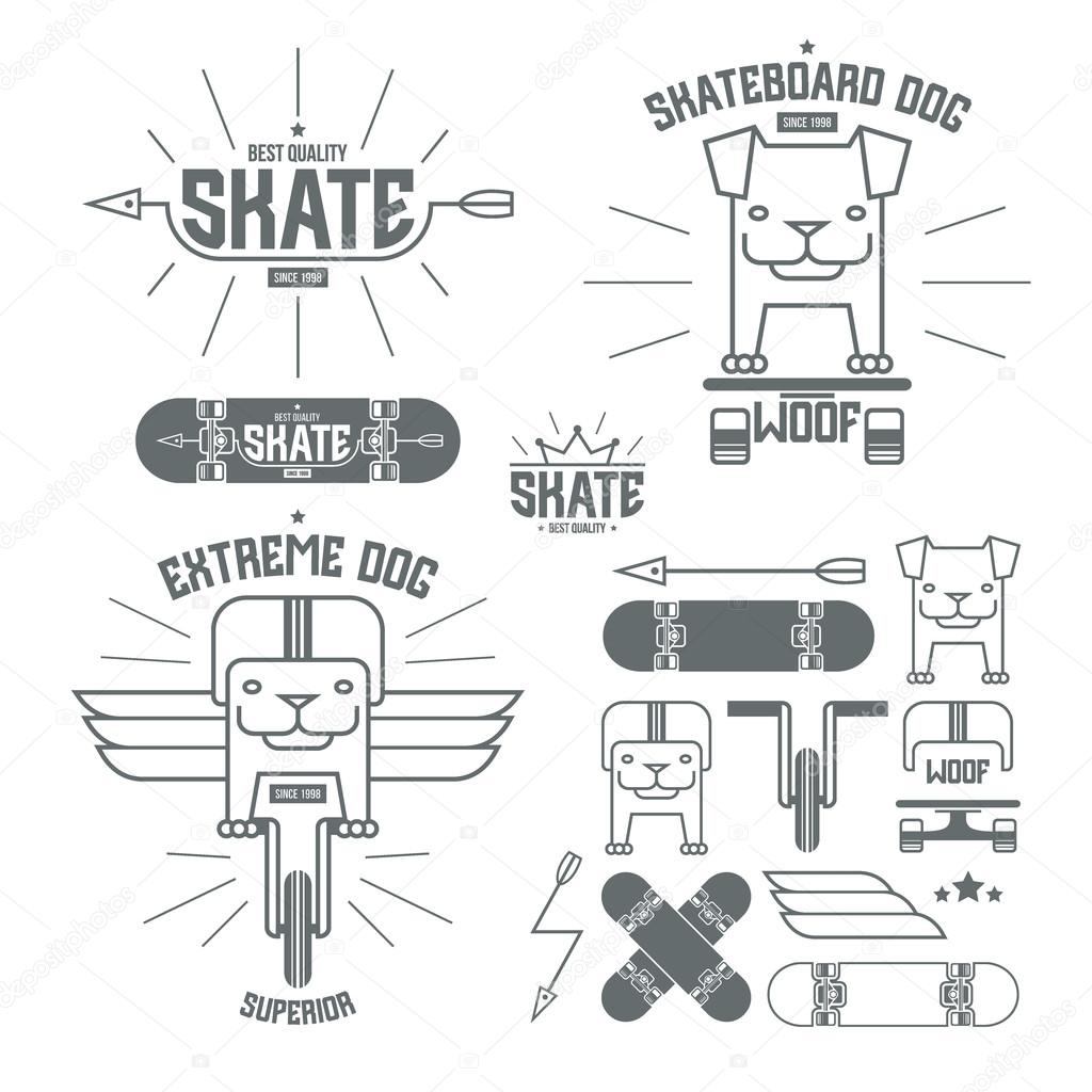 Skateboard dog emblems and icons. Graphic design for t-shirt. Grey print on white background