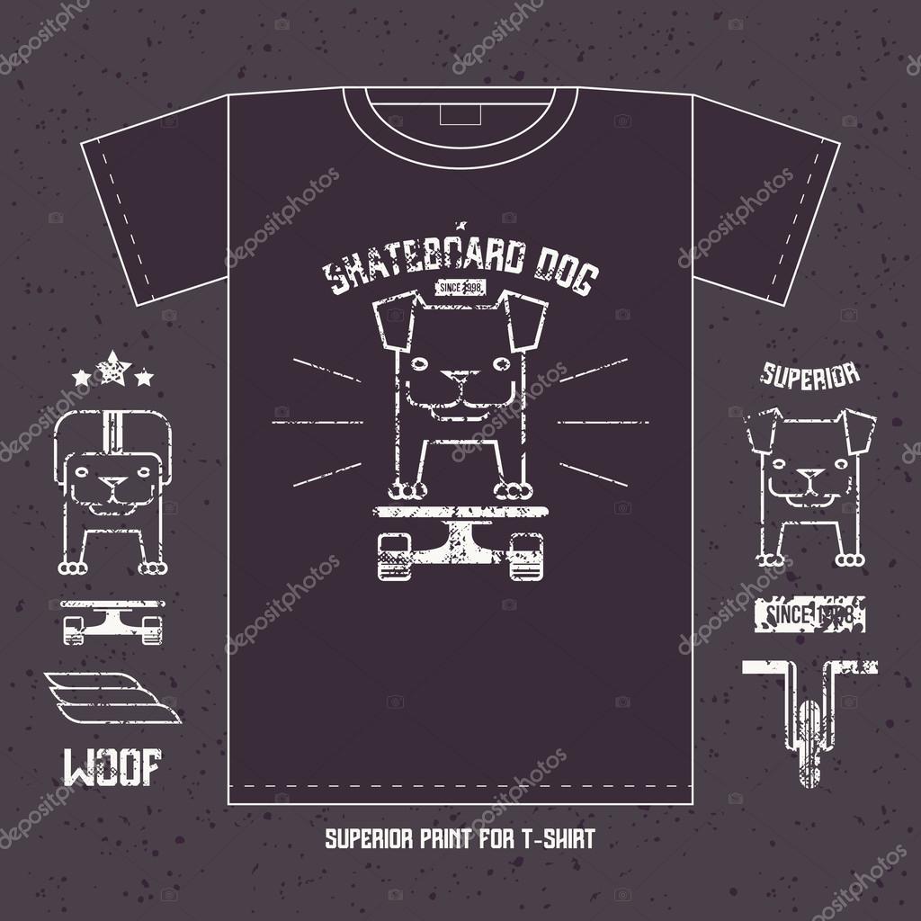 Dog on skateboard emblem and icons. Graphic design for t-shirt. White print on a dark background
