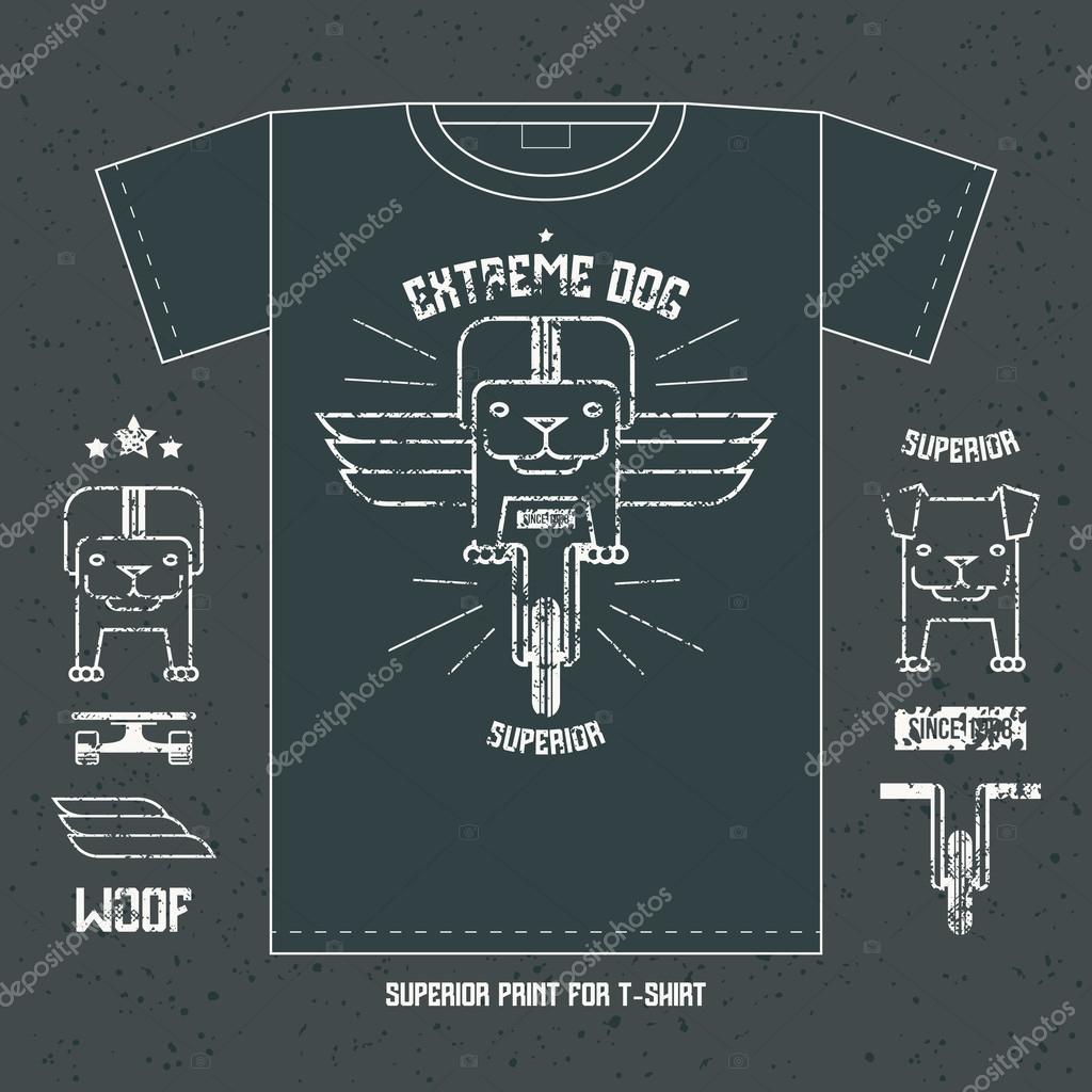Dog on bike emblem and icons. Graphic design for t-shirt. White print on a dark background