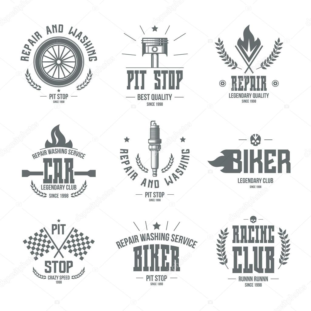 Car races and service badges and logo in retro style. Graphic design for t-shirt. Monochrome print on a black background