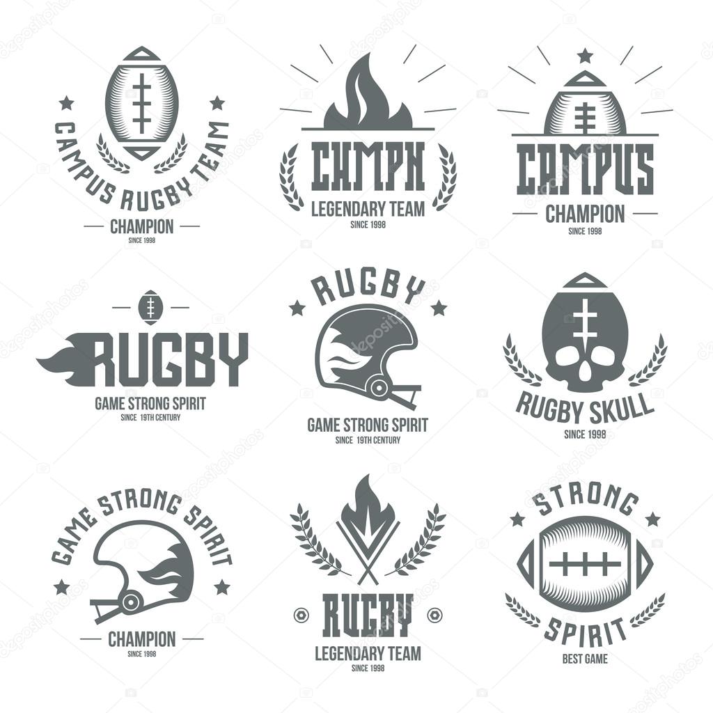 College rugby team badges in retro style. Graphic design for t-shirt. Monochrome print on a white background