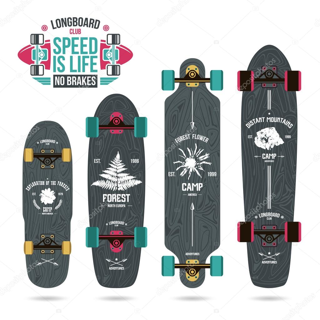 Set of camp emblems on longboard. Graphically print, variety form
