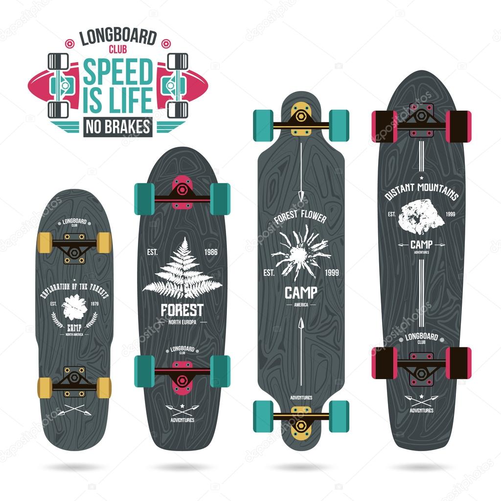 Set of camp emblems on longboard