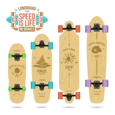 Kamp Amblemler longboard üzerinde kümesi