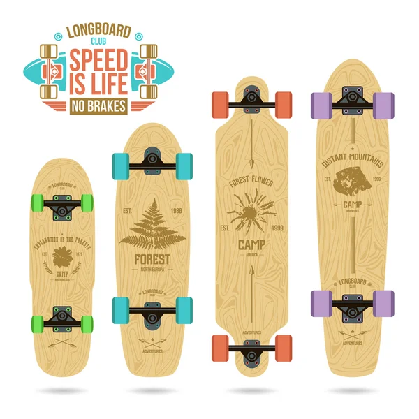 Set lambang kamp di longboard - Stok Vektor