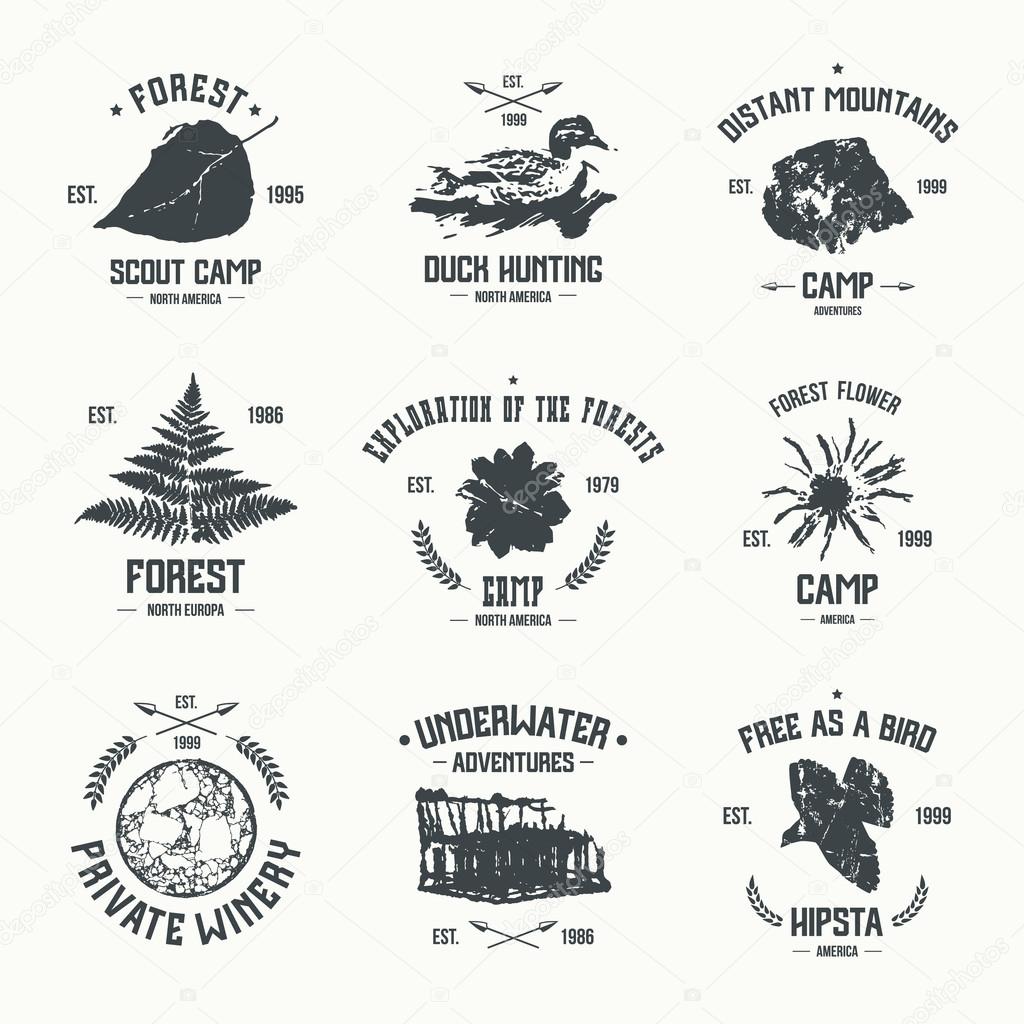 Adventure camp emblems. Graphic design for t-shirt. Black print on a white background