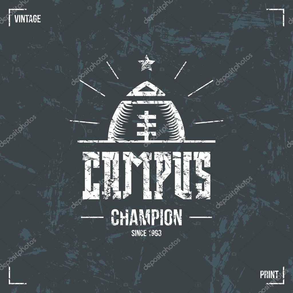 Rugby campus team emblem in retro style. Graphic design for t-shirt. White  print on a dark background