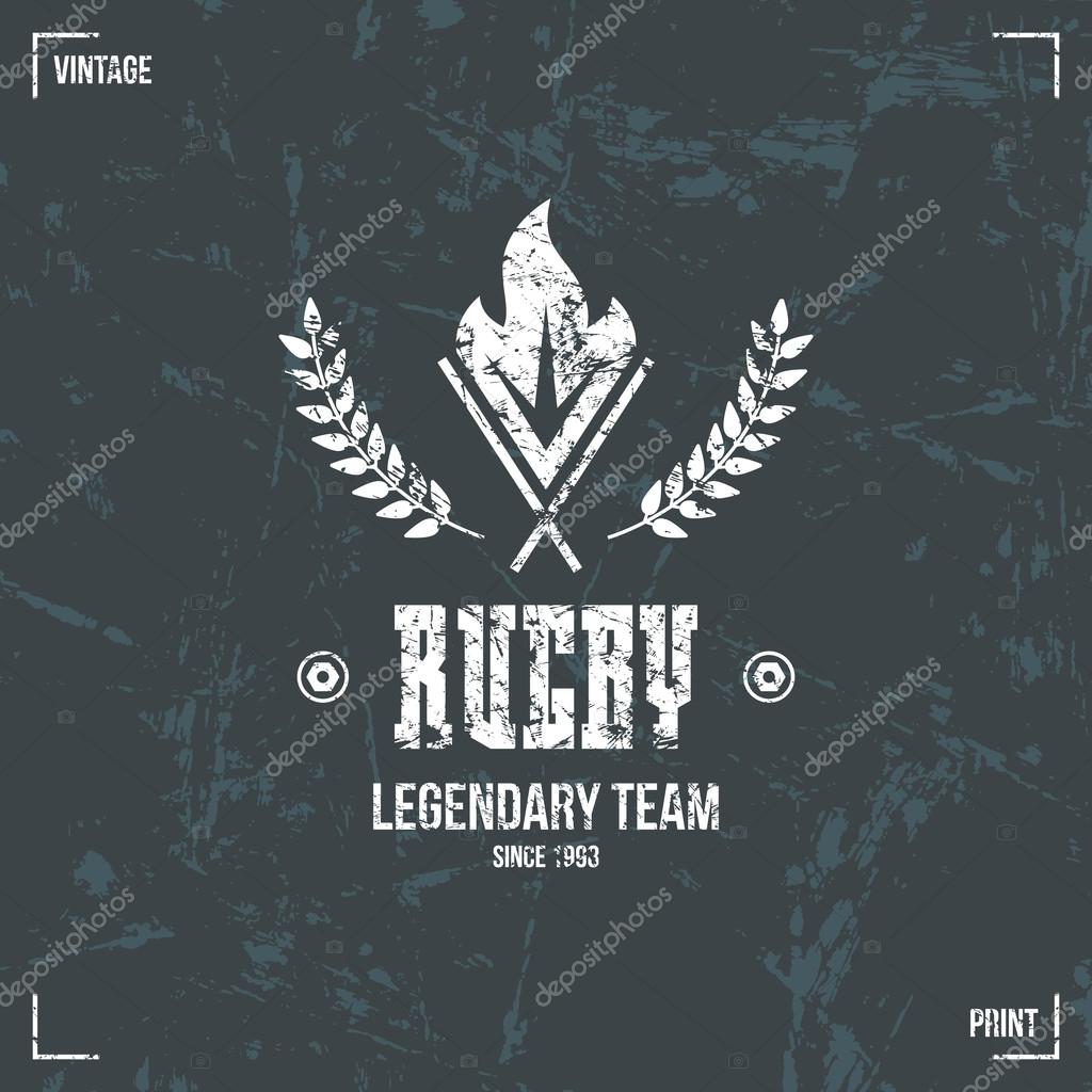 Rugby team torch emblem in retro style. Graphic design for t-shirt. White  print on a dark background