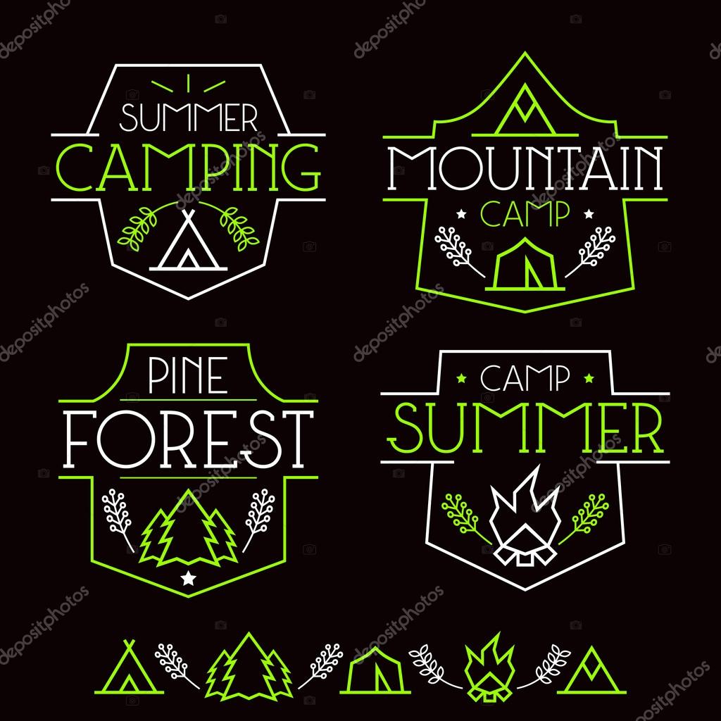 Camping badges and icons in thin line style. Graphic design for t-shirt. Neon colors print on a black background