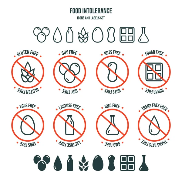 Icônes et étiquettes sur l'intolérance alimentaire — Image vectorielle