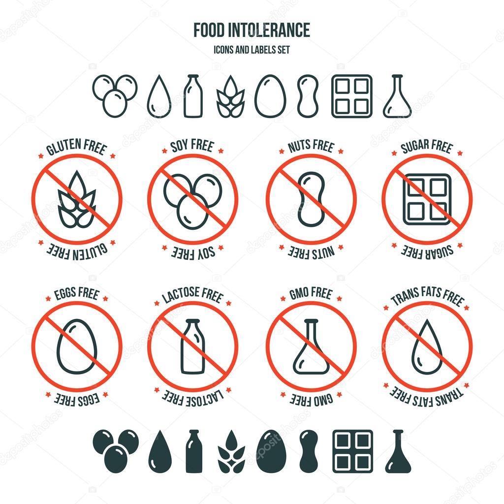 Food intolerance icons and labels set