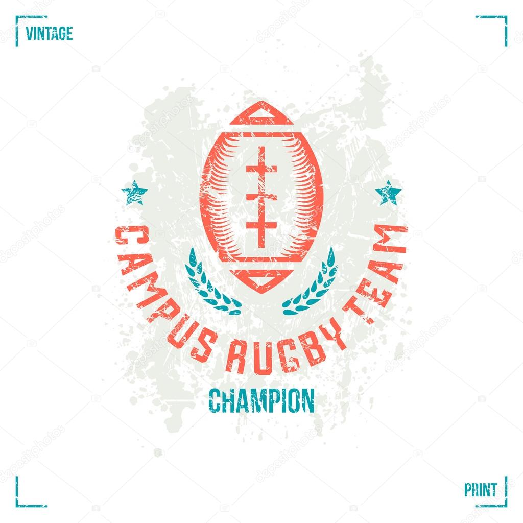 Rugby team ball emblem in retro style. Graphic design for t-shirt. Color  print on white background